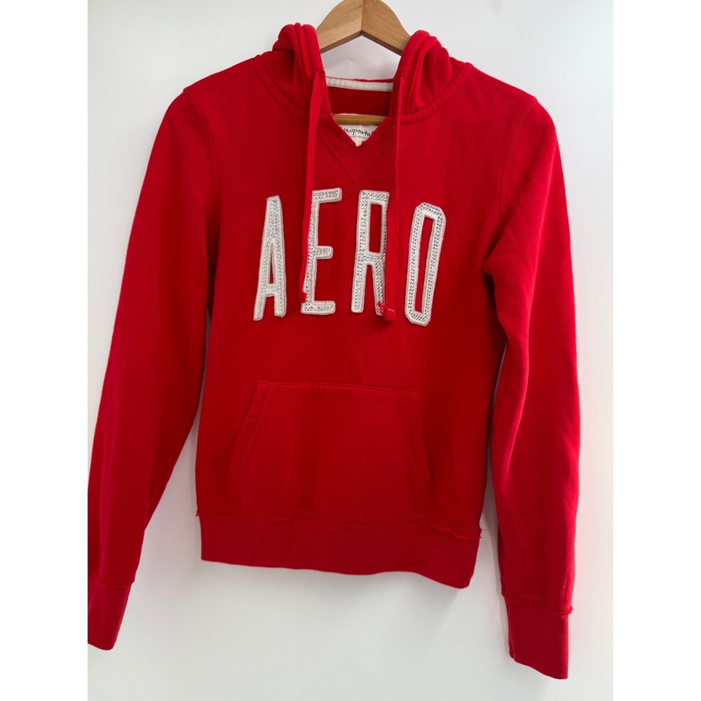 Aeropostale Womens Red Rhinestone AERO Logo Hoodie Sweatshirt Pullover‎